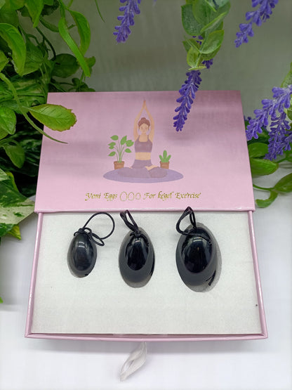 Set of 3 Black Obsidian Yonni Eggs with Gift Box Crystal Wellness