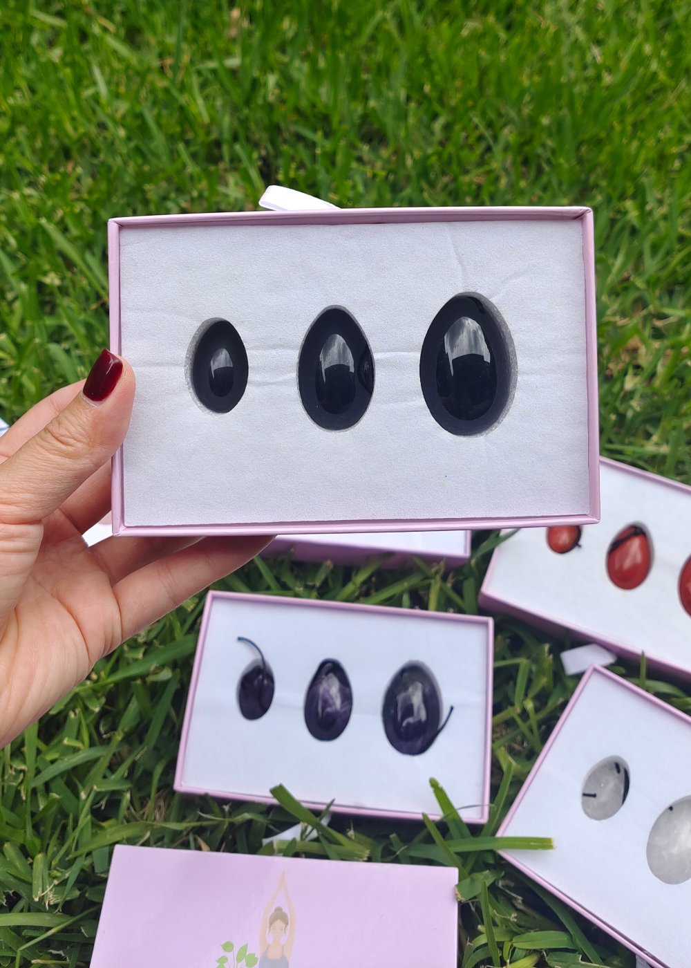 Set of 3 Black Obsidian Yonni Eggs with Gift Box Crystal Wellness